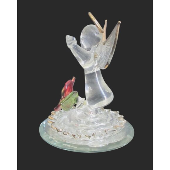 Glass Angel Figurine With Gold Accents and  Red Flower On Round Mirror Base - Picture 3 of 7